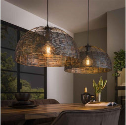 Hanglamp 2 Lampen - Armor - Ø60 cm - Zwart/Bruin - Handgemaakt - Burned Finish - Woonkamer - Keuken - Half rond - Metaal - In Hoogte Verstelbaar tot 150 cm - Exclusief Lichtbron