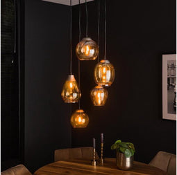 Hanglamp 5 Lampen - Philip Mix - 5 lichts - Amberkleurig Glas - Ovaal - Woonkamer - Keuken - In Hoogte Verstelbaar - Exclusief Lichtbron - Voedingstype Netstroom
