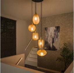 Hanglamp 5L V-shape pattern getrapt - Amber color glas
