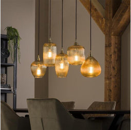Hanglamp van 6 Lampen met Gestreept Glas Verticaal Eetkamer - Stripe Glass - Amberkleurig Glas - Woonkamer - Eettafel - Slaapkamer - Sfeer Verlichting - In Hoogte Verstelbaar tot 150 cm - Exclusief Lichtbron