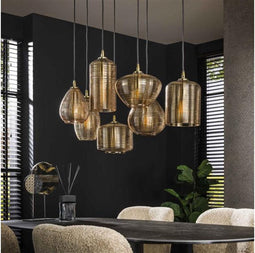 Hanglamp van 7 Lampen met Gestreept Glas Horizontaal Eetkamer - Amberkleurig glas - Stripe Glass - Woonkamer - Eettafel - Slaapkamer - Sfeer Verlichting - In Hoogte Verstelbaar tot 150 cm - 3+4 Lampen