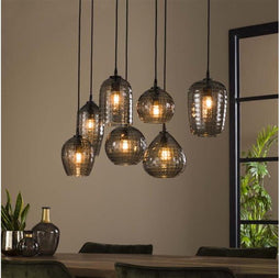 Hanglamp van 7 Verschillende Lampen met Hexagon design Glas Eetkamer - Smoke Grey - Stripe Glass - Woonkamer - Eettafel - Slaapkamer - Sfeer Verlichting - In Hoogte Verstelbaar tot 150 cm - Grijs