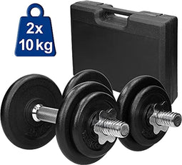 Happygetfit - Systeemkoffer met Dumbells, Dumbbell Set 2x 10kg, Gietijzeren Gewicht Platen, Stalen Dumbbell Bars, Geribbelde Grip, Star Lock, 8 Gewicht Platen 4x2,5kg/4x1,25kg, Dumbbells Dumbbell Set Gewichten