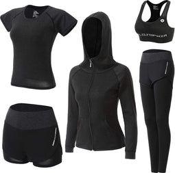 Happygetfit - Trainingspak voor dames, yogakleding, pak van 5 sportpak, joggingpak, gym, fitness, loopkleding, sportswear, sport, yoga, outfit voor dames, beha leggings