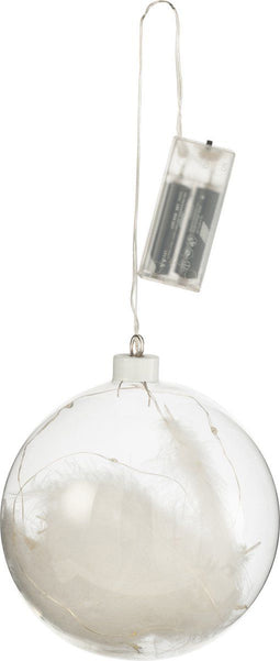 J-Line decoratie Bal Pluimen - glas - wit - large - 6 stuks - LED lichtjes