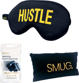 SMUG Slaapmasker met Zwarte Oordopjes en Opbergzakje - 100% Verduisterend - Verstelbaar Oogmasker in Satijn - Hustle Print