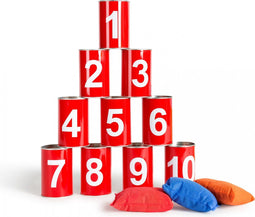 BS Toys Blikgooien Werpspel - Speelgoed Pittenzak Gooien - Kinderspeelgoed vanaf 3 Jaar - Buitenspeelgoed - 10 Blikken - Rood - Spelletjes voor kinderen - Buiten speelgoed - Buitenspel - Buiten Spellen - Tuin Speelgoed - Cadeau kind