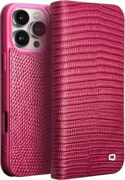 Qialino Geschikt voor iPhone 16 Pro hoesje - Leren bookcase - Croco Roze