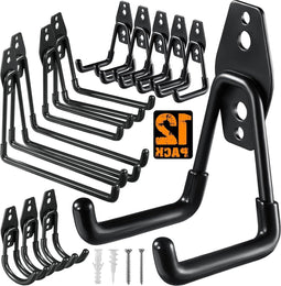 Heavy Duty Utility Steel Wall Mounted Garage Storage Hooks - 12 Pack, Organizer for Organizing Power Tools, Ladders, Bulk Items, Bikes