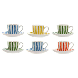 Set van 6 kopjes met schotel Home ESPRIT Geel Blauw Groen Koraal Porselein 90 ml