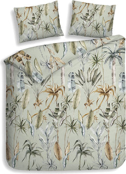 Heckettlane Dekbedovertrek Areca - Bedlinnen met Bladeren print - 260x220 - Groen - Dekbedhoes van 100% Katoen-Flanel