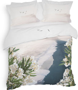 Heckettlane Dekbedovertrek Attis - Bedlinnen met Zee print - 260x220 - Natural - Dekbedhoes van 100% Katoen-Satijn
