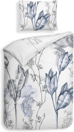 Heckettlane Dekbedovertrek Becca - Bedlinnen met Bloemen print - 140x220 - Wit - Dekbedhoes van 100% Katoen-Satijn