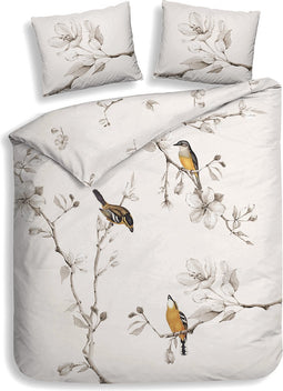 Heckettlane Dekbedovertrek Birdie - Bedlinnen met Dieren print - 200x220 - Off-White - Dekbedhoes van 100% Katoen-Clip Sheared