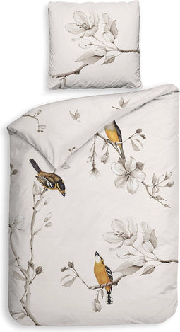 Heckettlane Dekbedovertrek Birdie - Bedlinnen met Dieren print - 140x220 - Off-White - Dekbedhoes van 100% Katoen-Clip Sheared