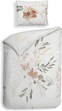 Heckettlane Dekbedovertrek Charlot - Bedlinnen met Bloemen print - 140x220 - Off-White - Dekbedhoes van 100% Katoen-Satijn