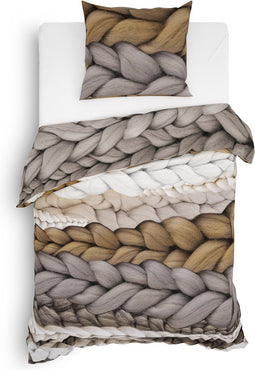 Heckettlane Dekbedovertrek Daley - Bedlinnen met Breiwerk print - 140x220 - Taupe - Dekbedhoes van 100% Katoen-Twill