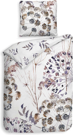 Heckettlane Dekbedovertrek Della - Bedlinnen met Bloemen print - 140x220 - Wit - Dekbedhoes van 100% Katoen-Dobby