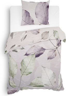 Heckettlane Dekbedovertrek Eray - Bedlinnen met Bladeren print - 140x220 - Taupe - Dekbedhoes van 100% Katoen-Twill