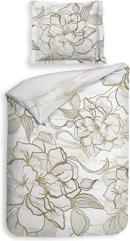 Heckettlane Dekbedovertrek Fabiola - Bedlinnen met Bloemen print - 140x220 - Off-White - Dekbedhoes van 100% Katoen-Satijn
