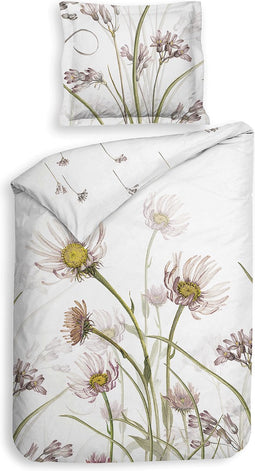 Heckettlane Dekbedovertrek Floriana - Bedlinnen met Bloemen print - 140x220 - Natural - Dekbedhoes van 100% Katoen-Satijn