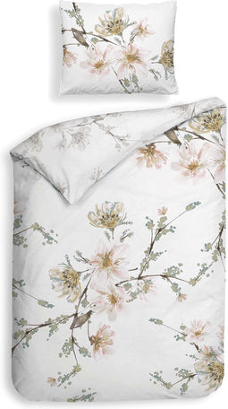 Heckettlane Dekbedovertrek Francine - Bedlinnen met Bloemen print - 140x220 - Wit - Dekbedhoes van 100% Katoen-Satijn