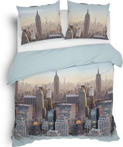 Heckettlane Dekbedovertrek Hayden - Bedlinnen met Stad print - 260x220 - Blauw - Dekbedhoes van 100% Katoen-Flanel