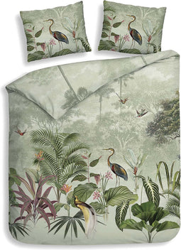 Heckettlane Dekbedovertrek Heron - Bedlinnen met Dieren print - 200x220 - Groen - Dekbedhoes van 100% Katoen-Twill