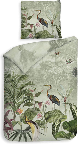 Heckettlane Dekbedovertrek Heron - Bedlinnen met Dieren print - 140x220 - Groen - Dekbedhoes van 100% Katoen-Twill