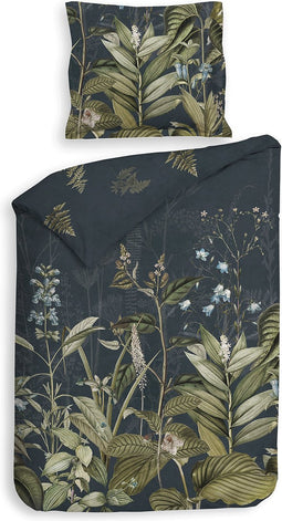 Heckettlane Dekbedovertrek Holly - Bedlinnen met Bladeren print - 140x220 - Blauw - Dekbedhoes van 100% Katoen-Satijn