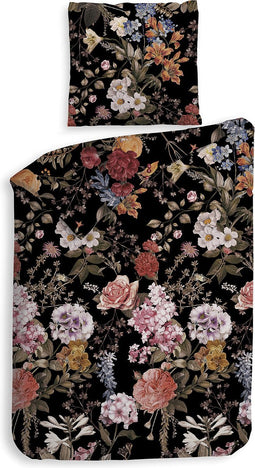 Heckettlane Dekbedovertrek Jane - Bedlinnen met Bloemen print - 140x220 - Zwart - Dekbedhoes van 100% Katoen-Flanel