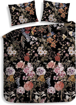 Heckettlane Dekbedovertrek Jane - Bedlinnen met Bloemen print - 240x220 - Zwart - Dekbedhoes van 100% Katoen-Flanel