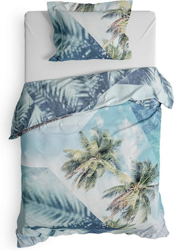 Heckettlane Dekbedovertrek Jaron - Bedlinnen met Natuur print - 140x220 - Blauw - Dekbedhoes van 100% Katoen-Satijn