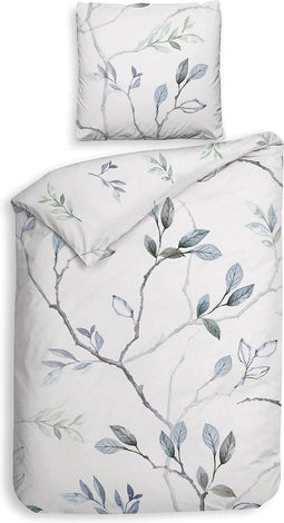Heckettlane Dekbedovertrek Leafy - Bedlinnen met Takken print - 140x220 - Wit - Dekbedhoes van 100% Katoen-Clip Sheared
