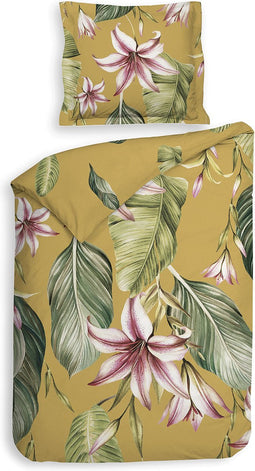 Heckettlane Dekbedovertrek Lilie - Bedlinnen met Bloemen print - 140x220 - Geel - Dekbedhoes van 100% Katoen-Satijn