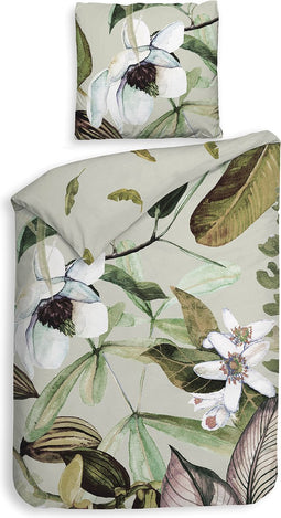 Heckettlane Dekbedovertrek Livia - Bedlinnen met Bloemen print - 140x220 - Groen - Dekbedhoes van Bamboe & Satijn