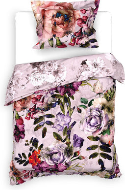 Heckettlane Dekbedovertrek Samia - Bedlinnen met Bloemen print - 140x220 - Roze - Dekbedhoes van 100% Katoen-Satijn