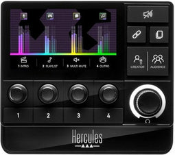 Hercules Stream 200 XLR - PRO-Audiocontroller en Streaming Action Launcher voor Beheer van Publieks- en Makersmix Live op het Scherm - met Microfoonvoorversterker, LCD-Scherm, Hi-res Encoders - 4 Actiedrukknoppen, Aanpasbare Interface