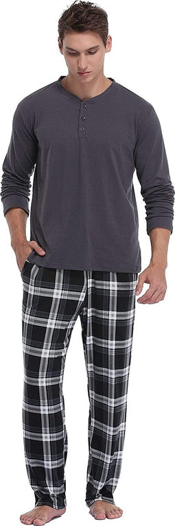 Heren Pyjama Set Lang Tweedelig Heren Plaid Flannel Broek en Effen T-Shirt - maat XL