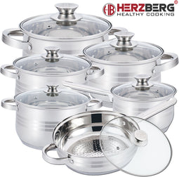 Herzberg 12-delige roestvrijstalen pannenset - Pannenset Inductie -Alle Warmtebronnen