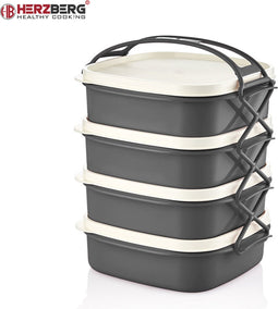 Herzberg - 4 laags Tetra Lunchbox - Stapelbare lunchbox - Duurzaam - Lek en morsbestendig - Lunchbox met handvat - Vaatwasbestendig - Geschikt voor magnetron - Grijs