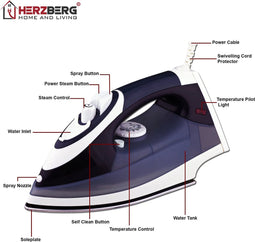 Herzberg HG-8037: 2200W Steam Iron - Dark Blue