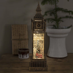 Kerstlantaarn voor binnen – Big Ben met bus en kerstboom - Warm wit – 38cm - Sneeuwlantaarn - Kerstverlichting op USB & batterijen incl. Timer