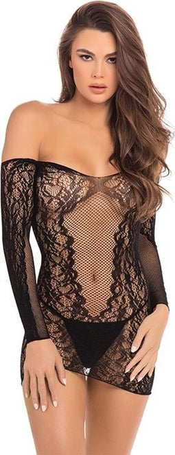 Offshoulder zwart minijurkje lange mouwen - S/M