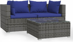 vidaXL - 3-delige - Loungeset - met - kussens - poly - rattan - grijs