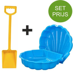 Zandbak schelp en plastic schep 50 cm lang geel