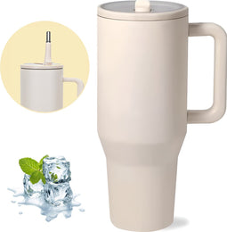 HI NATURE™ Luxe RVS Thermosbeker met Handvat en Rietje 1.2 liter (40oz) / Travel Cup - Tumbler Drinkfles – Waterfles – Dubbelwandige isolatie - Travel mug - Handige drinkbeker - Thermosfles - Thermoskan| Drinkflessen BPA- & Lekvrij (Beige)