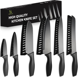 HI NATURE™ Messensets | 6-Delige Professionele Messenset Zwart Vaatwasserbestendig - Keukenmessen Set Met Mesbeschermer - Koksmes - messen set zwart | RVS