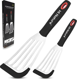 HI NATURE™ Premium Roestvrijstalen Visspatel - Grillspatel - Barbecue accessoires voor vis | Hittebestendig - Vaatwasserbestendig Spatelset met siliconen tip | Anti-aanbak BBQ Spatels - Keukenspatel - Bakspaan | keukengerei set (Groot en Klein)