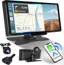 Hikity 9,3 inch Draagbaar Touchscreen - CarPlay en Android Auto, Voor- en Achtercamera